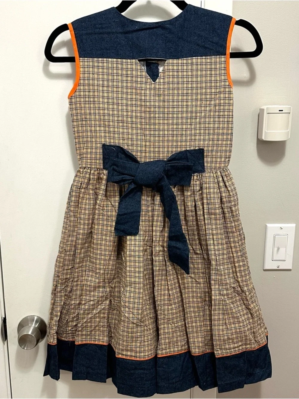 Vintage Narci Stell Sleeveless Patchwork Plaid Denim Flower Dress Girl 10 orange